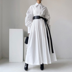 SNSで大騒ぎ 人気 デザイン性 ファッション ランタンスリーブ ギャザー ベルト付き ロングワンピース