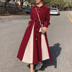 韓国ファッション 大人 通勤 折り襟 長袖 配色 レディース ロングワンピース