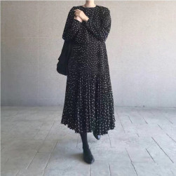 デザイン性抜群 韓国系 ファッション プリーツスカート Aライン ドット柄 ロングワンピース