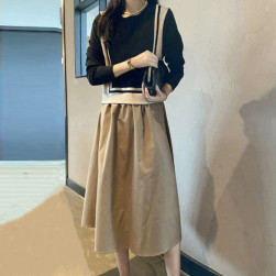女性大人気 韓国風ファッション 切り替え レイヤード ニット ロングワンピース