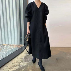 韓国風ファッション エレガント ｖネック 無地 ベルト付き ラシャ ロングワンピース