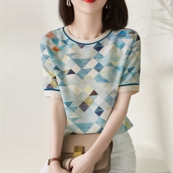 ファッション 韓国系 配色 プリント ラウンドネック 半袖 Tシャツ