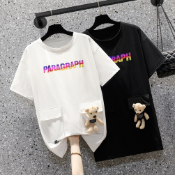 可愛いデザイン プリント クマ飾り ポケット付き 韓国系ファッション 半袖 Tシャツ