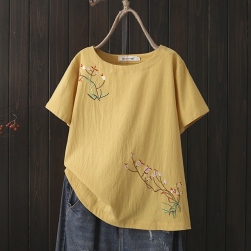 3色展開 カジュアル レトロ 刺繍 花模様 ゆったり ラウンドネック Tシャツ