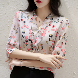 韓国の人気爆発 ファッション フリル ゆったり Vネック プリント ブラウス・シャツ