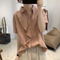韓国風ファッション カジュアル 無地 フリル ランダムティアード 半袖 シングルブレスト シャツ