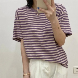 韓国風ファッション カジュアル ラウンドネック 半袖 ボーダー プルオーバー Tシャツ