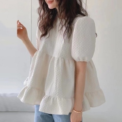 韓国風ファッション 絶対可愛い スウィート無地パフスリーブラウンドネック切り替えTシャツ
