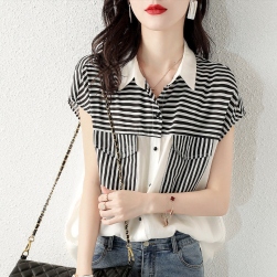 韓国風ファッション シンプル 配色 ボーダー 切り替え POLOネック 半袖 シャツ