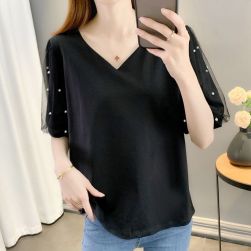 可愛いデザイン ファッション 春夏 Vネック 半袖 無地 Tシャツ