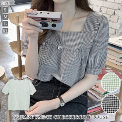 韓国風ファッション 清新 チェック柄 半袖 スクエアネック 組み合わせやすい ブラウス・シャツ