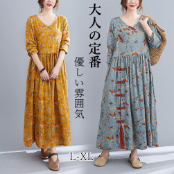 女性大人気 文芸スタイル 花柄 プリント ゆったり 切り替え ギャザー ロング カジュアルワンピース