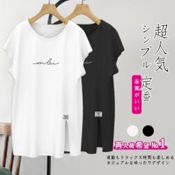 【再入荷予定】カジュアル サイドスリット ラウンドネック 半袖 全2色 プリント ワンサイズ レディース Tシャツ