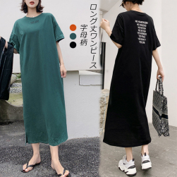 韓国風ファッション シンプル プリント 3色展開 スリット ロング Aライン 半袖 ワンピース