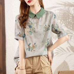 可愛いデザイン 韓国系 定番 ファッション 切り替え 折り襟 シングルブレスト シフォンシャツ