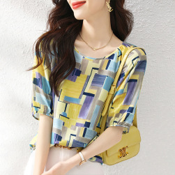 流行の予感 定番 ファッション 韓国系 プリント ラウンドネック シフォンシャツ