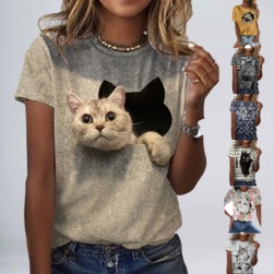 大人可愛い カジュアル 猫柄 切り替え プリント ラウンドネック ラウンドネックTシャツ