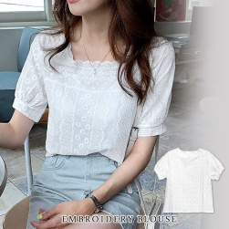韓国風ファッション スウィート 清新 刺繍 スクエアネック 夏 上品 ホワイト ブラウス・シャツ