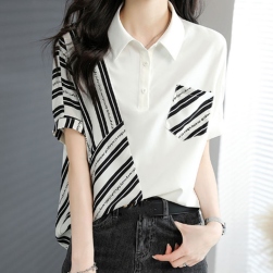 韓国風ファッション カジュアル 半袖 切り替え ボタン POLOネック Tシャツ