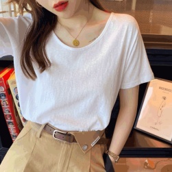 韓国風ファッション カジュアル 無地 半袖 透かし彫り ラウンドネック Tシャツ