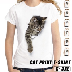 絶対可愛い カジュアル ラウンドネック 猫柄 プリント プルオーバー Tシャツ