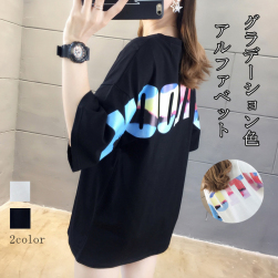 韓国風ファッション カジュアル アルファベット グラデーション色 半袖 ラウンドネック Tシャツ