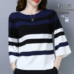 一番人気 韓国ファッション Tシャツ半袖Tシャツボーダーゆったり上品見え レディース トップス