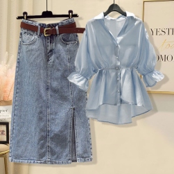 【単品注文】上品な可愛さ ファッション 五分袖 ギャザー飾り シャツ+スリット Aライン デニムスカート セットアップ
