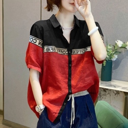 特別デザイン 韓国系 配色 アルファベット 半袖 プリント 切り替え パフスリーブ シングルブレスト シャツ