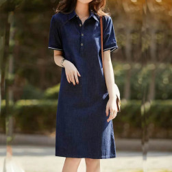 韓国風ファッション シンプル 3色展開 無地 半袖 Aライン ボタン 折り襟 着痩せ デニム ワンピース