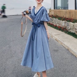 韓国ファッション カジュアル 配色 パフスリーブ ラウンドネック ベルト付き ワンピース