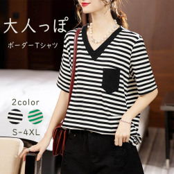 個性的なデザイン 韓国系 フェミニン ボーダー 配色 Vネック 半袖 プルオーバー ニット 着痩せ Tシャツ