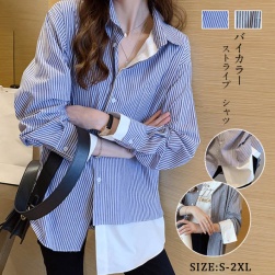 個性的なデザイン ファッション ストライプ柄 長袖 折り襟 切り替え シャツ