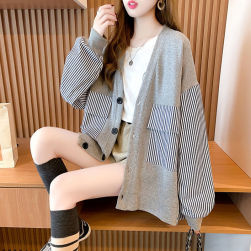 韓国風ファッション ファッション 切り替え 配色 Vネック シングルブレスト カーディガン