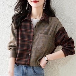 韓国風ファッション チェック柄 切り替え ファッション 折り襟 長袖 シングルブレスト シャツ