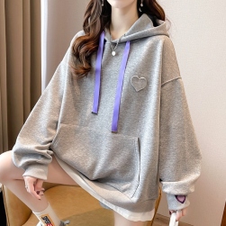 韓国風ファッション ハート アップリケ 切り替え 配色 フード付き 長袖 パーカー