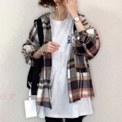 韓国風ファッション 流行の予感 定番 チェック レトロ 厚手 長袖 ゆったり シャツ