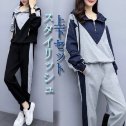 韓国風ファッション!カジュアル ファスナー フード付き トップス+足首丈 カジュアルパンツ セットアップ