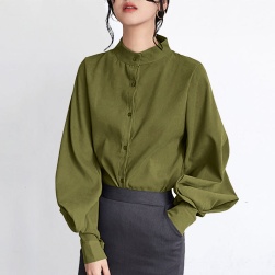 韓国風ファッション 無地 スタンドネック シングルブレスト ランタンスリーブ シャツ