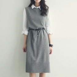 超かわいい 韓国風ファッション! シンプル 無地 2色選べる 着痩せ効果 ラウンドネック ノースリーブ ニットワンピース