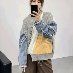 韓国風ファッション 特別デザイン 配色 切り替えデニム ニット セーター