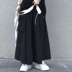 お洒落上級者 韓国風ファッション シンプル ハイウエスト ポケット付き ブラック 体型カバー ガウチョパンツ