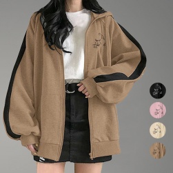 韓国風ファッション 可愛い 猫 フード付き 切り替え 配色 裏起毛付き 長袖 ジャケット