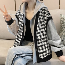 韓国風ファッション チェック柄 切り替え フード付き フェイク・レイヤード ジャケット