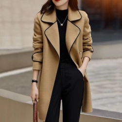 柔らかくて優しい印象 ラシャ ファッション 折襟 ベルト付き 配色 ロング コート