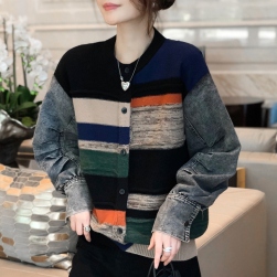 韓国風ファッション デニム 切り替え ニット 配色 ゆったり 人気 カーディガン