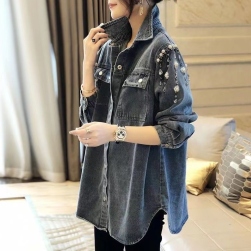 韓国風ファッション カジュアル 無地折り襟 シングルブレスト スリット デニム ジャケット