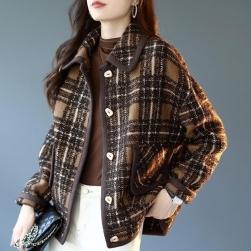 韓国風ファッション 定番 チェック ゆったり 厚手 折り襟 防寒 ジャケット