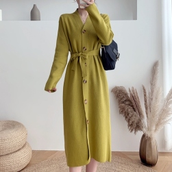 韓国風ファッション エレガント シンプル 無地 ｖネック シングルブレスト ベルト付き ニットワンピース