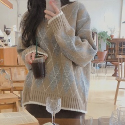 韓国風ファッション チェック柄 配色 プルオーバー 秋コーデ レディース ニットセーター